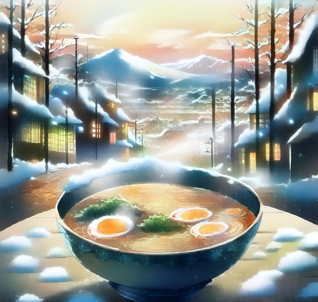 삿포로 알뜰 여행자를 위한 가성비 식당 투어: 1,000엔으로 누리는 현지의 맛 - 삿포로의 눈 덮인 거리를 배경으로 김이 모락모락 나는 따뜻한 라멘 한 그릇이 놓여 있는 감성적인 테이블 세팅