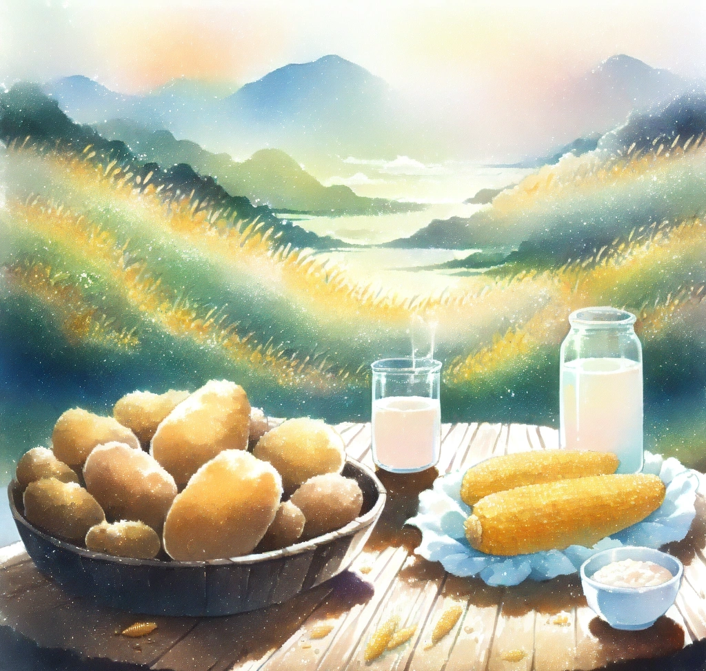 삿포로 출발 후라노 비에이 패스 활용법! 렌터카 없이 홋카이도 평원을 누비는 필살기 - 후라노의 푸른 평원을 배경으로 갓 구운 감자와 옥수수, 그리고 신선한 우유가 놓여 있는 나무 테이블의 평화로운 풍경