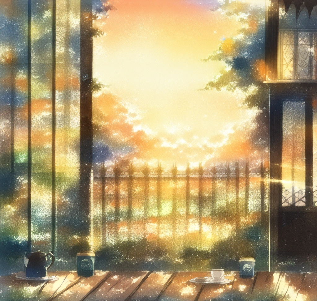 A serene wide shot of a 1% lifestyle Sapporo cafe garden at sunset, with soft golden light hitting the wooden terrace and empty coffee cups, evoking a sense of peaceful morning completion 야외 테라스가 예쁜 삿포로 브런치 카페: 맑은 공기와 함께하는 여유로운 아침 - A serene wide shot of a 1% lifestyle Sapporo cafe garden at sunset, with soft golden light hitting the wooden terrace and empty coffee cups, evoking a sense of peaceful morning completion