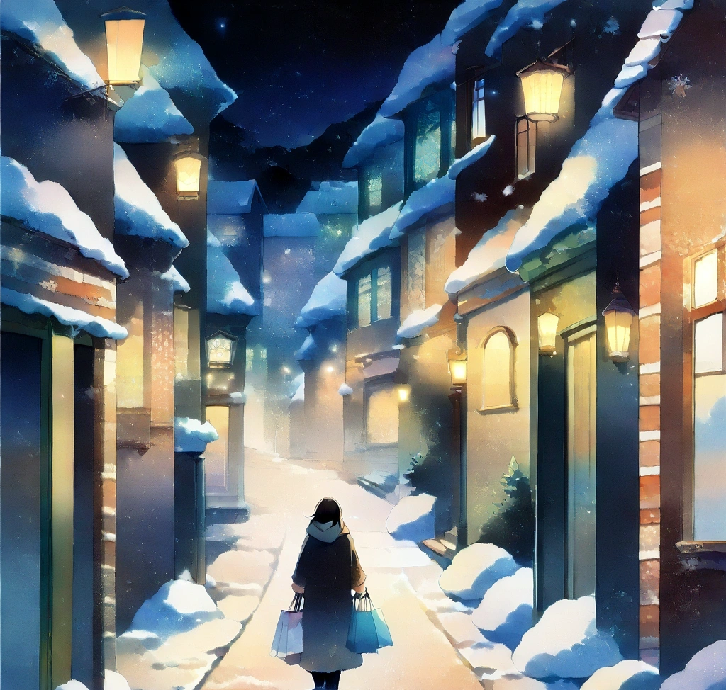 삿포로 드럭스토어 최저가 찾기 프로젝트: 사츠도라 vs 마츠모토키요시 품목별 가격 비교 - 삿포로의 밤거리 불빛 아래 쇼핑백을 든 여행자가 만족스러운 미소를 지으며 눈 덮인 거리를 걷는 따뜻한 분위기의 종결 컷