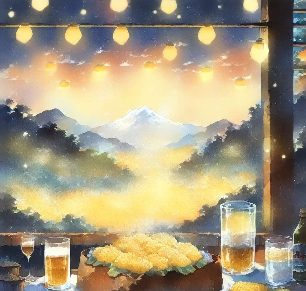 삿포로 홋카이도 특산물 선물 세트 추천 리스트 - 유바리 멜론 젤리와 옥수수 과자 후기 - 삿포로의 따뜻한 조명 아래 정갈하게 차려진 유바리 멜론 젤리와 고소한 옥수수 과자, 그리고 삿포로 클래식 맥주 한 잔이 놓여 있는 평화로운 여행의 마무리 장면