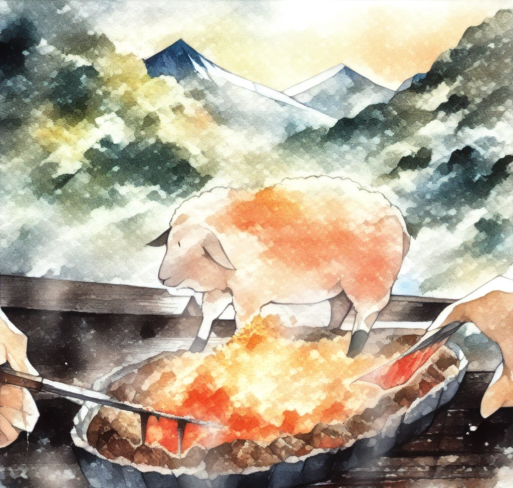 삿포로 유튜브 100만 뷰 폭발 맛집 공개 - 현지인이 줄 서서 먹는 숨은 징기스칸 찐 맛집 - 삿포로의 오래된 징기스칸 노포 내부에서 장인이 숯불 위에 양고기를 정성스럽게 썰어 올리는 모습과 선홍빛 생양고기의 신선한 질감이 돋보이는 클로즈업 사진