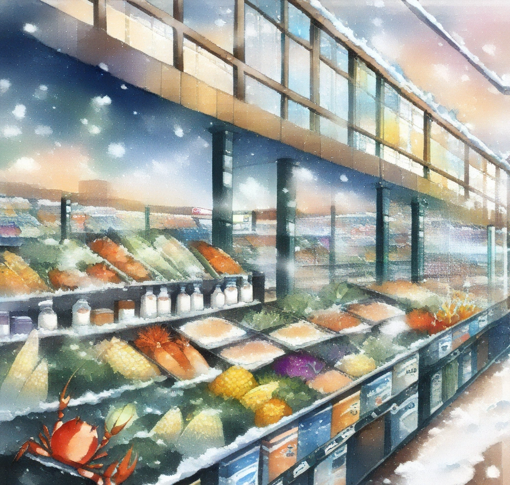 삿포로 한 달 살기 로망 실현 프로젝트: 현실적인 예상 생활비와 마트 장보기 실전 팁 - 홋카이도산 신선한 우유, 대게, 옥수수, 그리고 화려한 색감의 계절 채소들이 진열된 삿포로 대형 마트의 식품관 전경