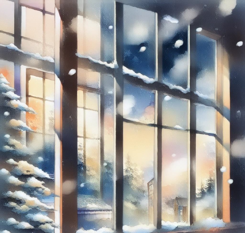 A cozy and elegant cafe in Sapporo during winter, with a large window showing falling snow outside. A traveler is sitting comfortably at a wooden table with a hot latte and a piece of Hokkaido cheesecake, looking relaxed because they don 겨울 삿포로 짐 보관 배송 서비스