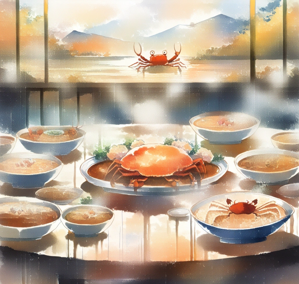 삿포로 3월 날씨 옷차림 여행 정보: 눈 녹는 시기 질척이는 길에서 살아남는 신발 선택법은? - 삿포로 니조시장에서 즐기는 신선한 털게 요리와 따뜻하게 데운 사케, 그리고 김이 모락모락 나는 스프카레가 차려진 정갈한 테이블 전경 상세 묘사