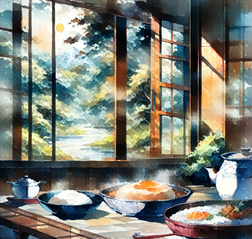 삿포로 조잔케이의 울창한 숲을 배경으로 정갈하게 차려진 료칸의 아침 밥상, 따뜻한 김이 올라오는 솥밥과 정갈한 밑반찬들이 창가에 놓인 평화로운 풍경 료칸 식사 장소 비교 삿포로 가이드 - 다이닝 룸 vs 객실 식사 헤야쇼쿠 장단점 분석 - 삿포로 조잔케이의 울창한 숲을 배경으로 정갈하게 차려진 료칸의 아침 밥상, 따뜻한 김이 올라오는 솥밥과 정갈한 밑반찬들이 창가에 놓인 평화로운 풍경