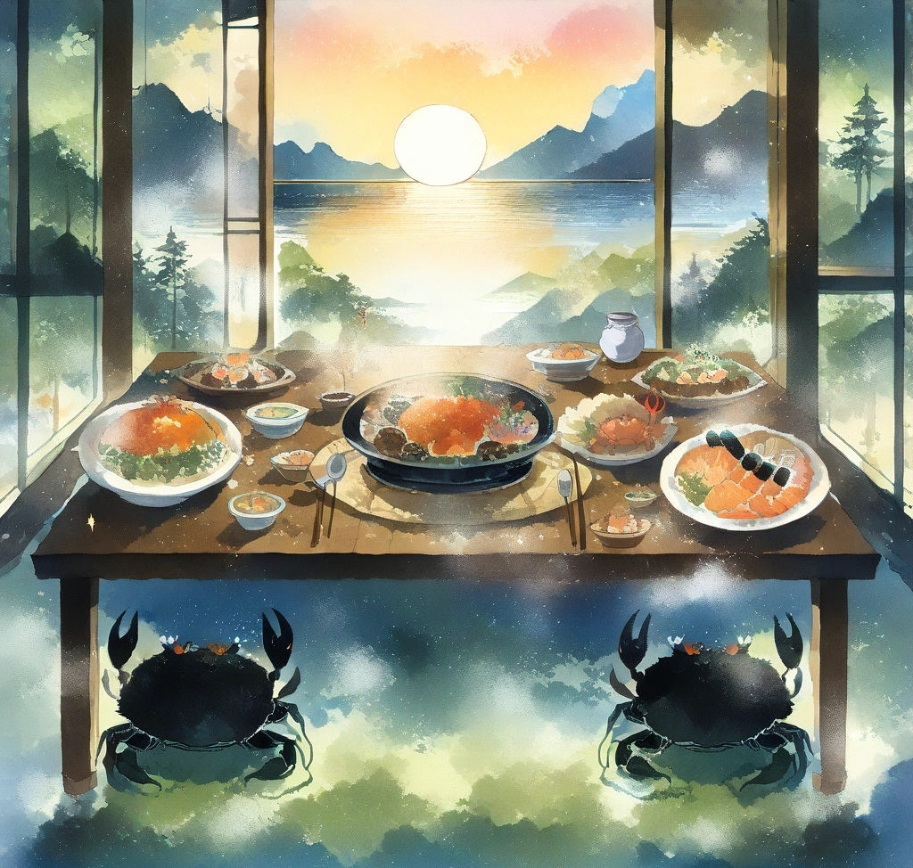 홋카이도산 털게 요리와 신선한 창작 스시가 정갈하게 놓인 료칸 가이세키 상차림, 은은한 조명 아래 김이 모락모락 피어오르는 나베 요리가 포함된 고화질 미식 사진 료칸 식사 장소 비교 삿포로 가이드 - 다이닝 룸 vs 객실 식사 헤야쇼쿠 장단점 분석 - 홋카이도산 털게 요리와 신선한 창작 스시가 정갈하게 놓인 료칸 가이세키 상차림, 은은한 조명 아래 김이 모락모락 피어오르는 나베 요리가 포함된 고화질 미식 사진
