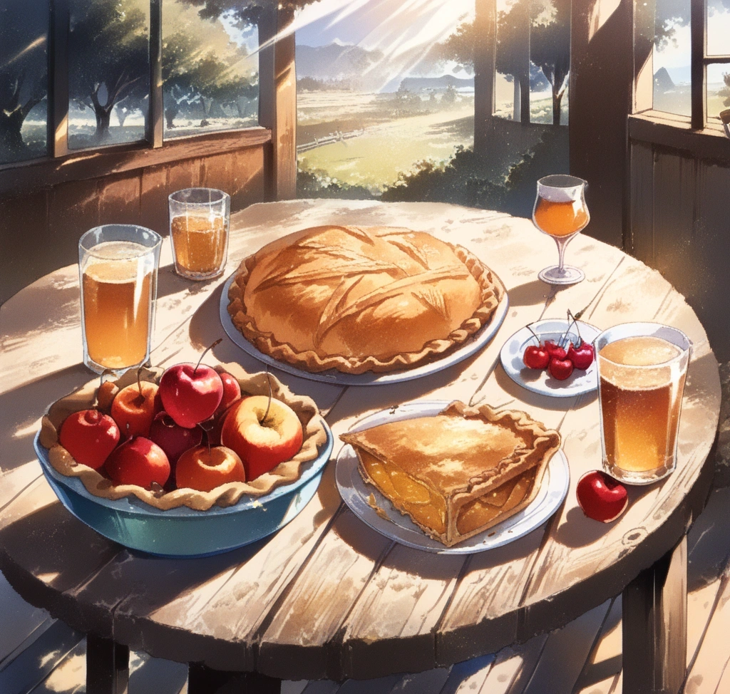 A rustic wooden table at a farm cafe in Sapporo, featuring a freshly baked deep-dish apple pie with a golden crust, a glass of sparkling apple cider, and a bowl of glossy, hand-picked cherries under soft sunlight 삿포로 제철 과일 따기 체험 농장 가이드: 여름 딸기부터 가을 사과까지 맛보기 - A rustic wooden table at a farm cafe in Sapporo, featuring a freshly baked deep-dish apple pie with a golden crust, a glass of sparkling apple cider, and a bowl of glossy, hand-picked cherries under soft sunlight