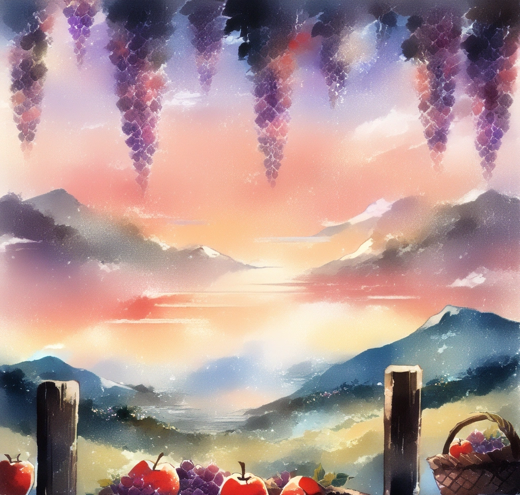 A serene sunset view of a Sapporo fruit orchard, with a rustic basket filled with red apples and purple grapes sitting on a wooden fence, overlooking the rolling hills of Jozankei 삿포로 제철 과일 따기 체험 농장 가이드: 여름 딸기부터 가을 사과까지 맛보기 - A serene sunset view of a Sapporo fruit orchard, with a rustic basket filled with red apples and purple grapes sitting on a wooden fence, overlooking the rolling hills of Jozankei