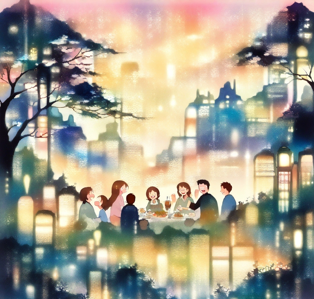 유모차 및 휠체어 대여 삿포로 팁! 아이나 어르신과 함께해도 걱정 없는 여행 동선은? - 삿포로의 따뜻한 조명 아래 온 가족이 웃으며 식사하는 평온한 저녁 풍경