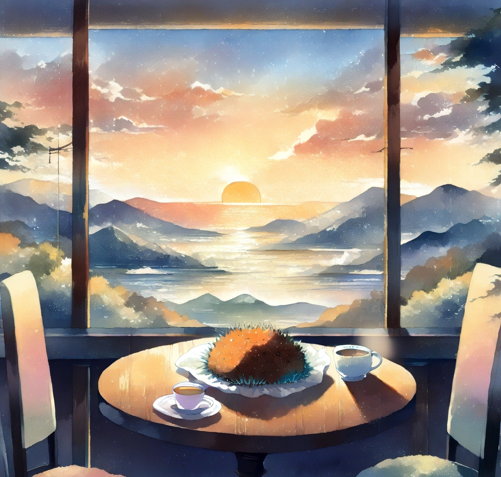 삿포로의 해 질 녘 풍경을 배경으로 정갈하게 차려진 성게알 코스 요리와 따뜻한 차 한 잔이 놓여 있는 평온한 테이블의 모습 삿포로 여름 미식의 정점 성게알(우니) 맛집: 제철 해산물로 즐기는 미식의 극치 - 삿포로의 해 질 녘 풍경을 배경으로 정갈하게 차려진 성게알 코스 요리와 따뜻한 차 한 잔이 놓여 있는 평온한 테이블의 모습