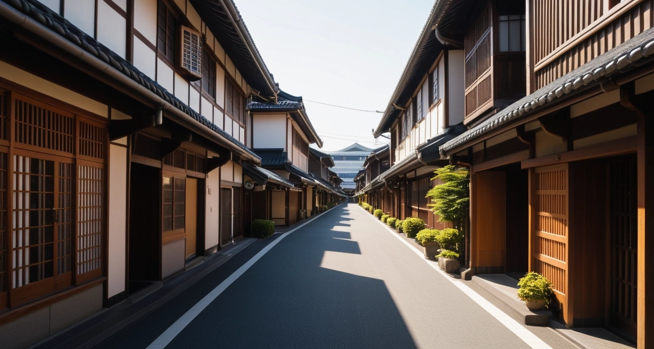 하네다공항<br>- 도쿄 지하철 노선도와 주요 환승 가이드 (a picturesque Haneda Airport traditional street alley with charming vintage buildings, warm sunlight, no people)