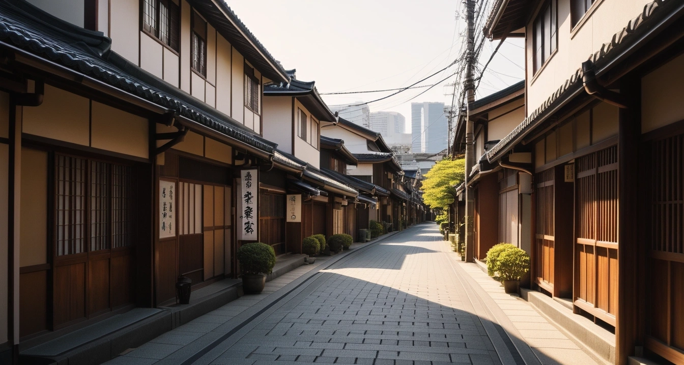 도쿄<br>- 도쿄 지하철 및 철도 패스 종류별 본전 뽑기 가이드 (a picturesque tokyo traditional street alley with charming vintage buildings, warm sunlight, no people)