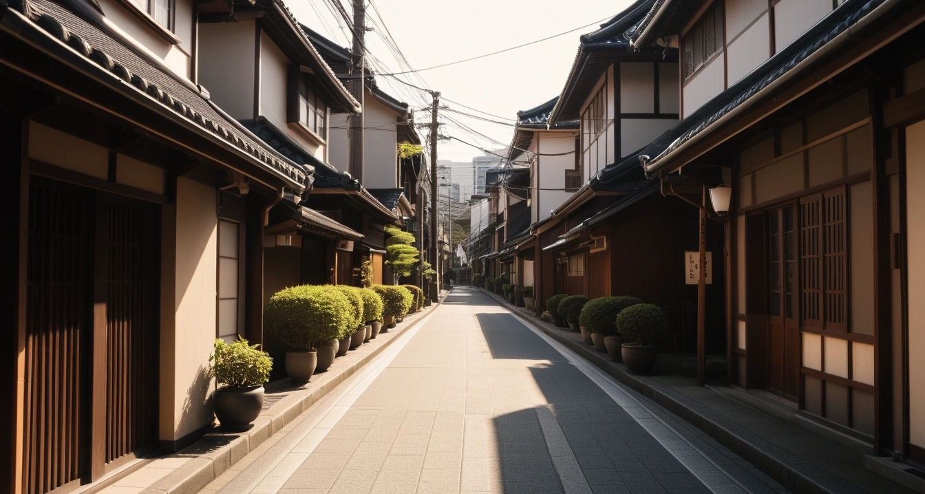 도쿄<br>- 도쿄 현지 교통 패스 및 스마트폰 활용법 (a picturesque tokyo traditional street alley with charming vintage buildings, warm sunlight, no people)