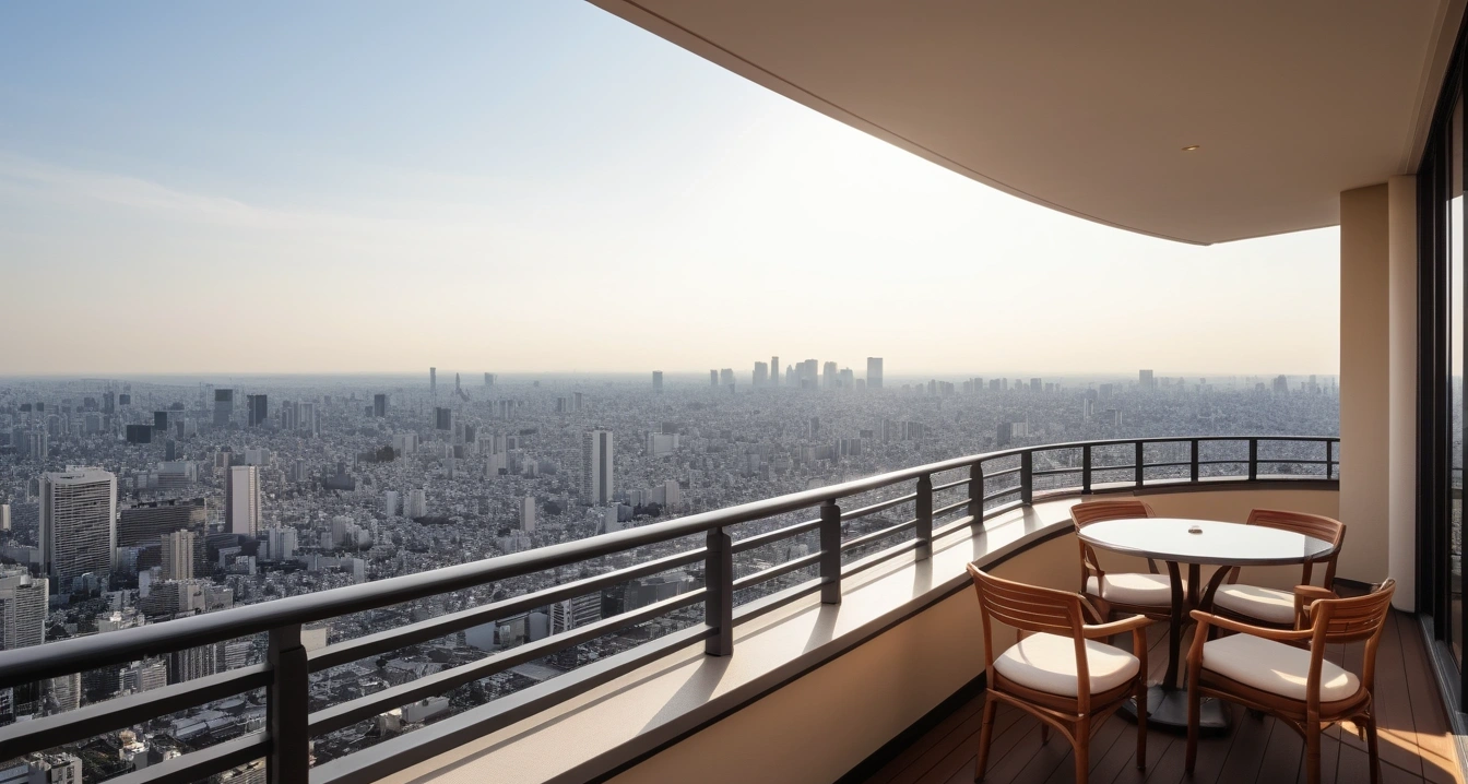 도쿄<br>- 도쿄 여행을 위한 스마트폰 네트워크 솔루션 비교 (a pristine luxury hotel balcony overlooking a stunning tokyo panorama, peaceful atmosphere, no people)