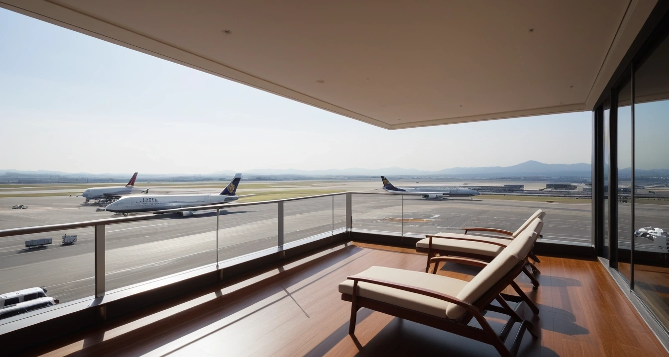 하네다 공항<br>- 가성비 하네다 호텔 선택 시 고려해야 할 시설 스펙 (a pristine luxury hotel balcony overlooking a stunning Haneda Airport panorama, peaceful atmosphere, no people)