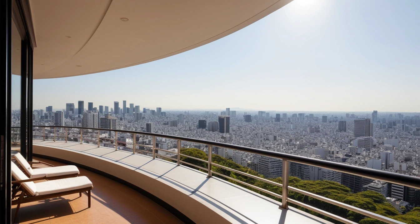 도쿄<br>- 비짓재팬 웹사이트 활용 및 입국 수속 프로세스 (a pristine luxury hotel balcony overlooking a stunning tokyo panorama, peaceful atmosphere, no people)