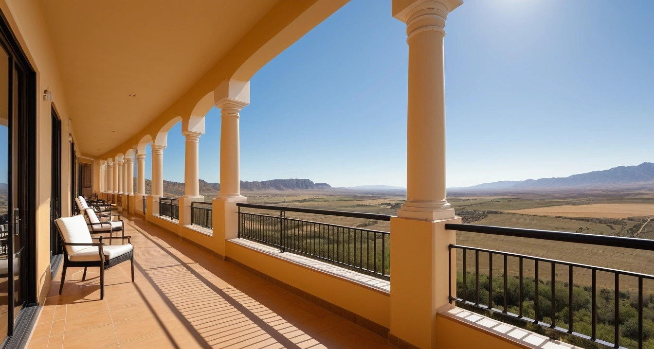 돈키호테<br>- 지인 선물용 일본 인기 아이템 추천 리스트 (a pristine luxury hotel balcony overlooking a stunning Quixote panorama, peaceful atmosphere, no people)