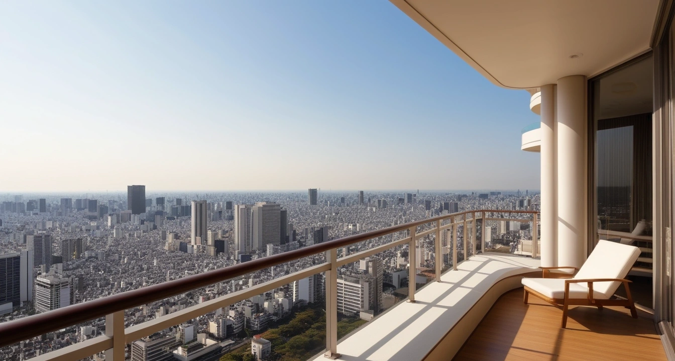 도쿄<br>- 도쿄 지하철 노선과 맛집 접근성을 고려한 최적 동선 (a pristine luxury hotel balcony overlooking a stunning tokyo panorama, peaceful atmosphere, no people)