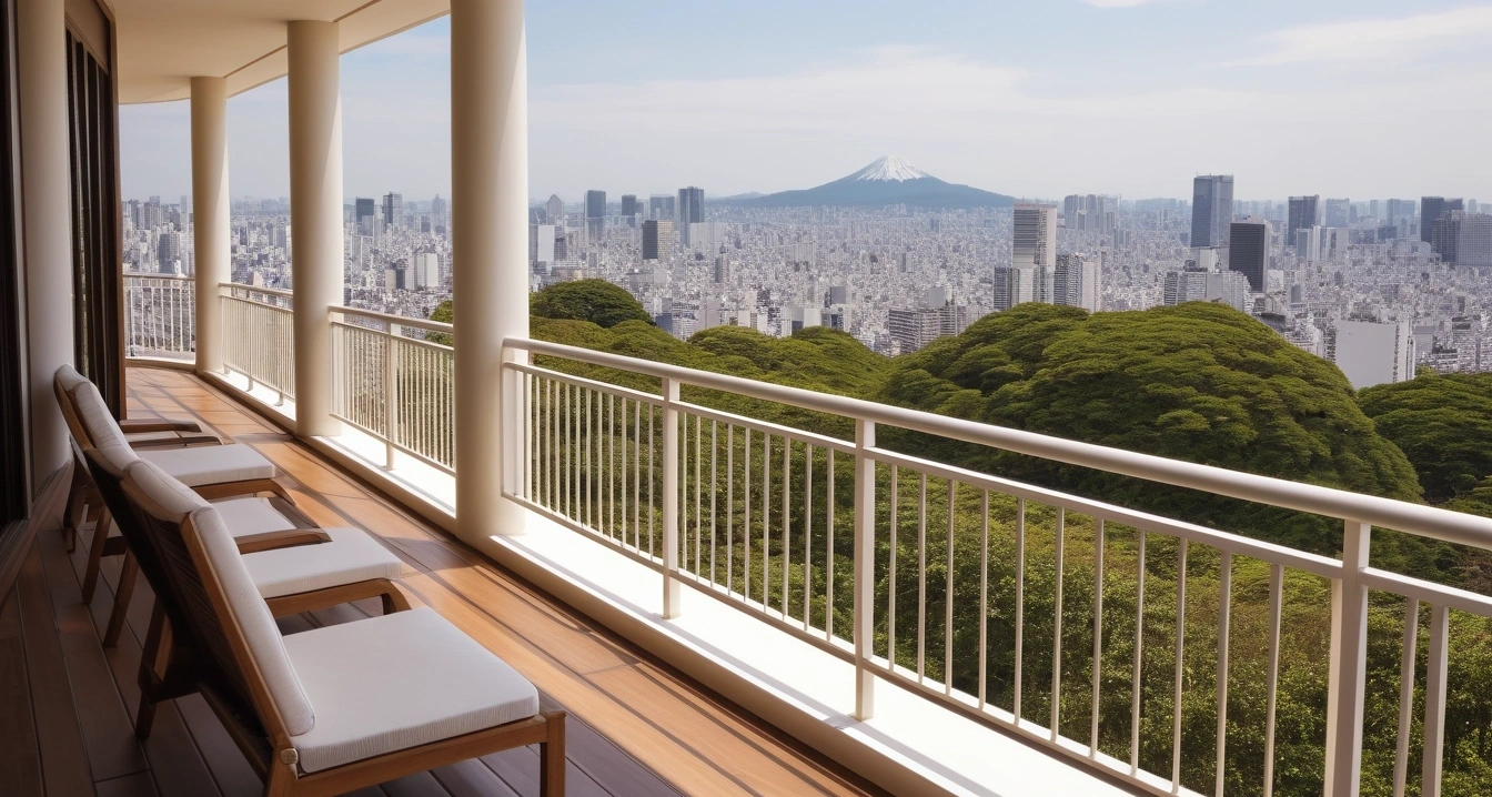 도쿄<br>- 도쿄 여행 예산 절감을 위한 스마트한 소비 팁 (a pristine luxury hotel balcony overlooking a stunning tokyo panorama, peaceful atmosphere, no people)