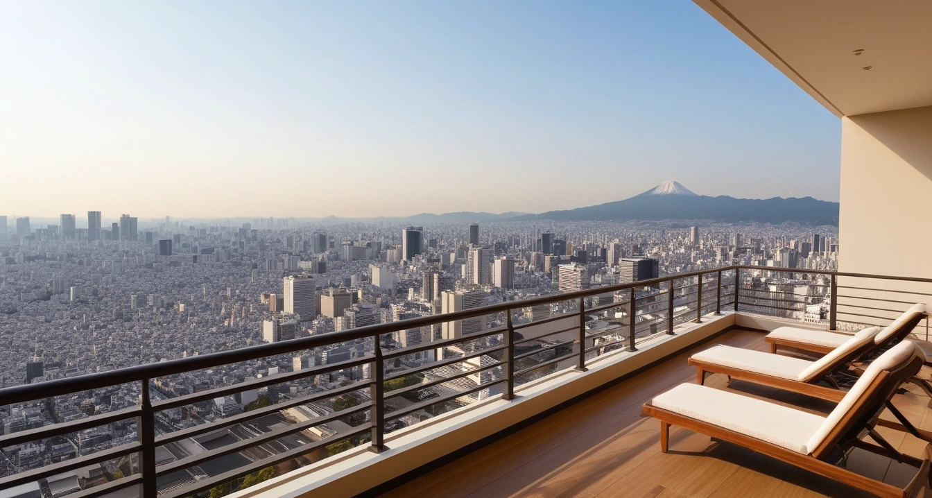 도쿄<br>- 도쿄 대가족 이동을 위한 대중교통 및 유모차 동선 계획 (a pristine luxury hotel balcony overlooking a stunning tokyo panorama, peaceful atmosphere, no people)