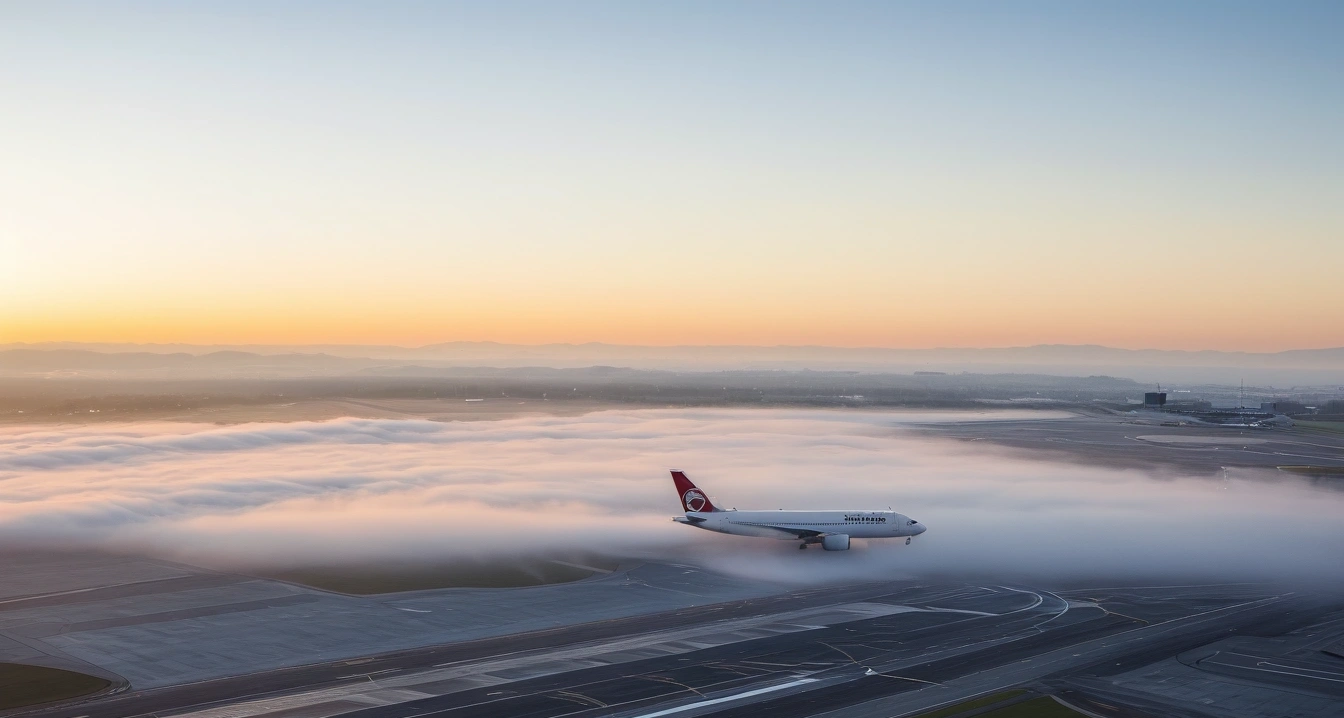 나리타 공항<br>- 도쿄 교통 이용을 위한 스마트폰 활용법 (a scenic Narita Airport city landscape, morning mist, cinematic travel photography, no people)