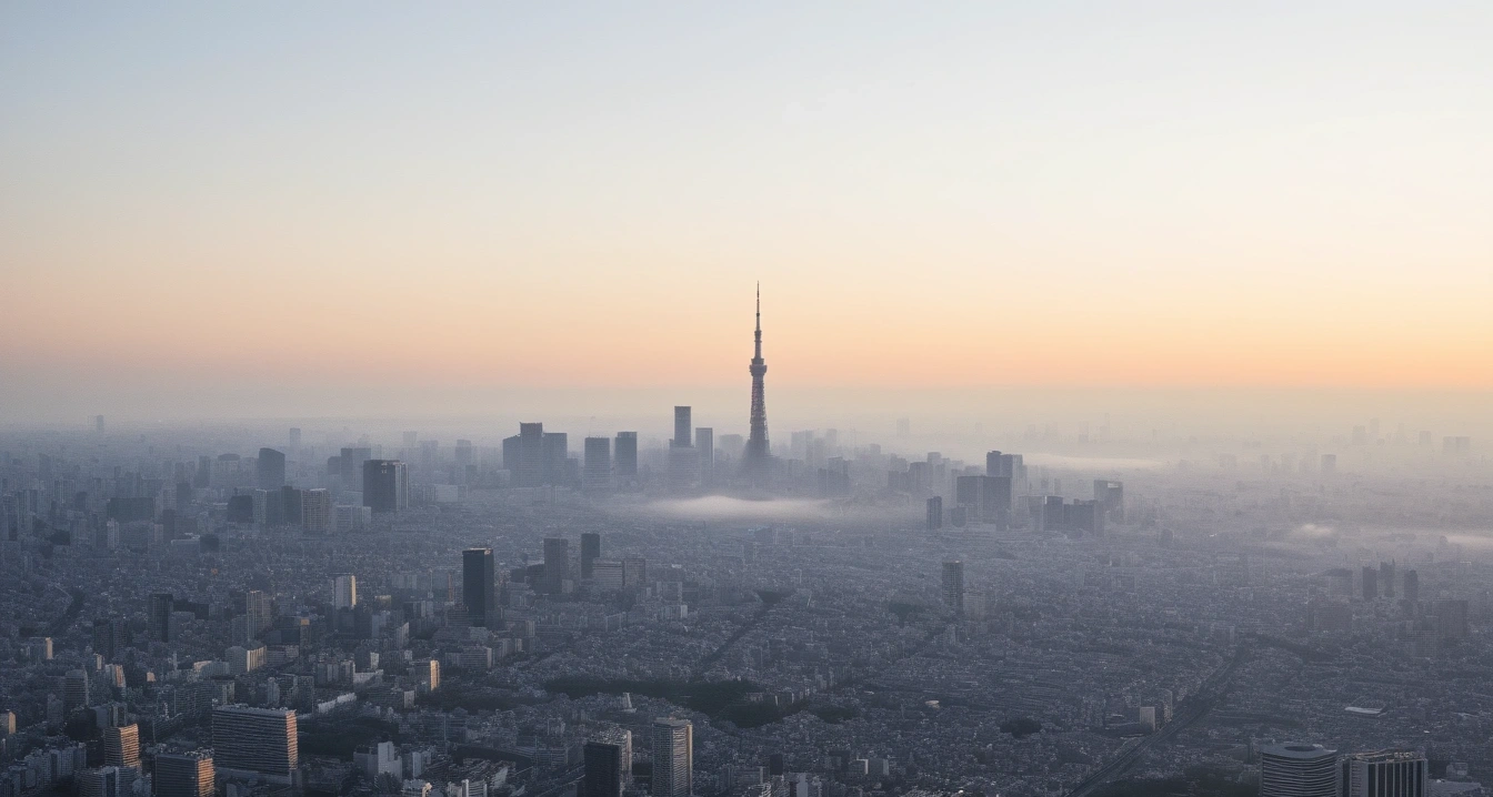 도쿄<br>- 도쿄 현지 교통 및 결제를 위한 필수 디지털 체크리스트 (a scenic tokyo city landscape, morning mist, cinematic travel photography, no people)