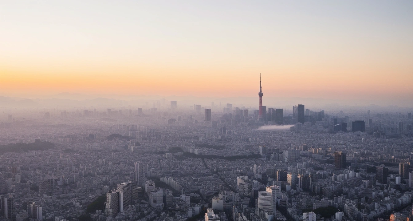 도쿄<br>- 도쿄 현지 결제 및 면세 혜택 활용 (a scenic tokyo city landscape, morning mist, cinematic travel photography, no people)