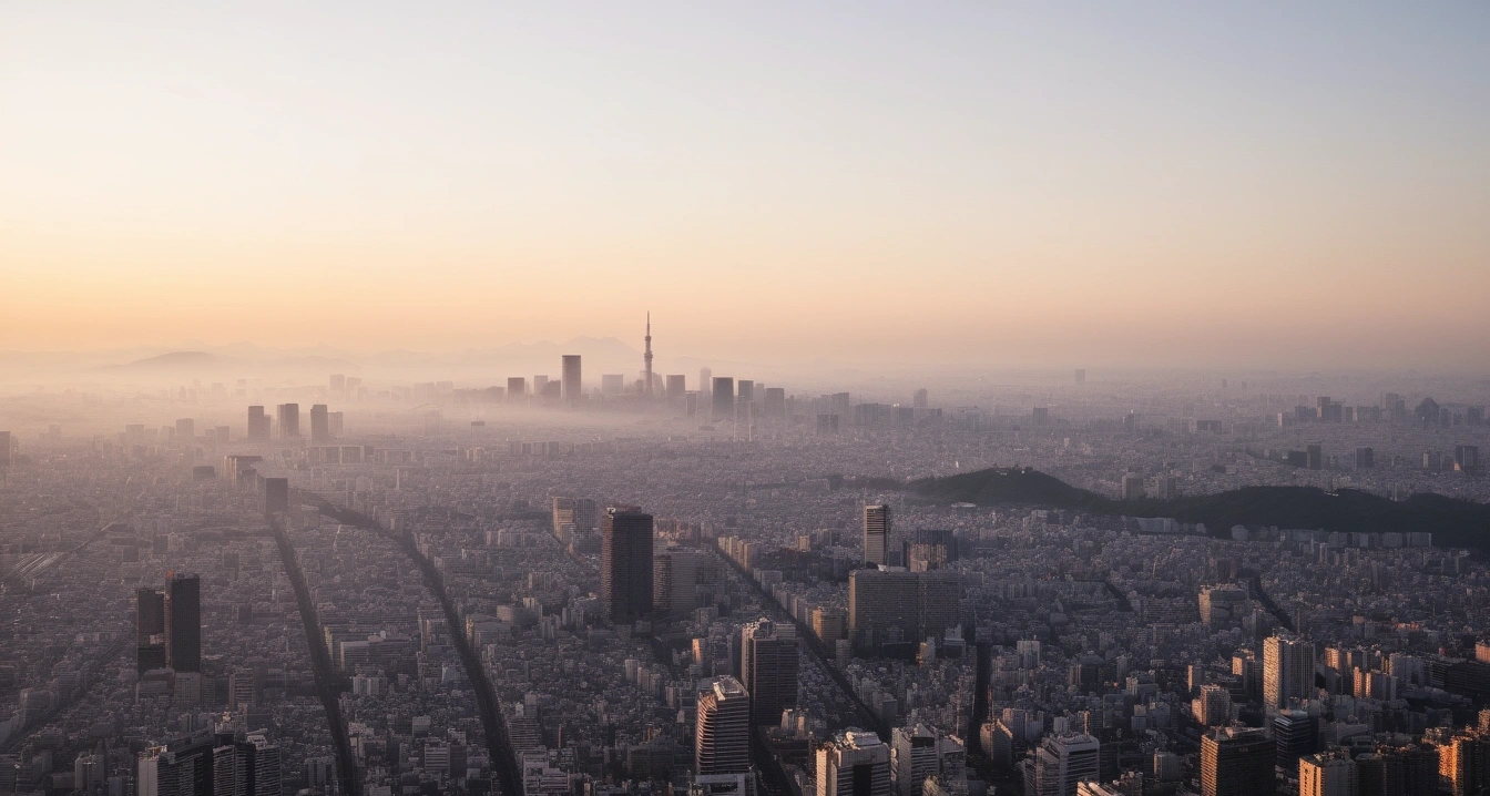 도쿄<br>- 3박 4일 커플 여행의 품격을 높이는 도쿄 호텔 예약 및 체크인 가이드 (a scenic tokyo city landscape, morning mist, cinematic travel photography, no people)