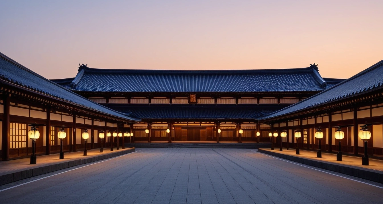 하네다 공항<br>- 하네다 공항 이용객을 위한 현명한 텍스리펀 및 쇼핑 절차 (a serene traditional Haneda Airport architecture courtyard at dawn, glowing lanterns, beautiful peaceful atmosphere, no people)
