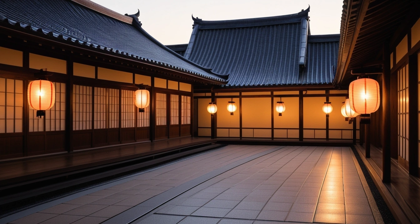 도쿄<br>- 도쿄 현지 쇼핑 텍스리펀 및 할인 쿠폰 활용 팁 (a serene traditional tokyo architecture courtyard at dawn, glowing lanterns, beautiful peaceful atmosphere, no people)