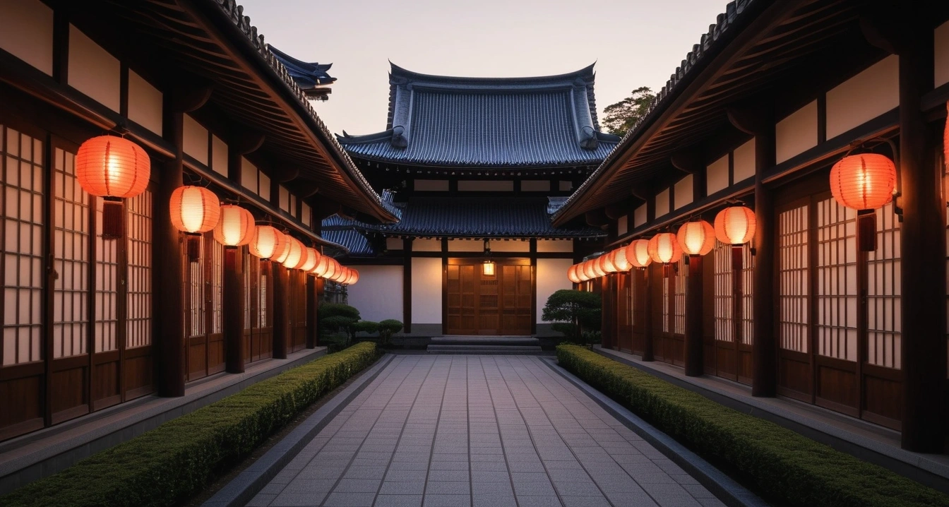 도쿄 돈키호테<br>- 도쿄 여행 하루 예산 설정과 체감 물가 분석 (a serene traditional tokyo don quixote architecture courtyard at dawn, glowing lanterns, beautiful peaceful atmosphere, no people)
