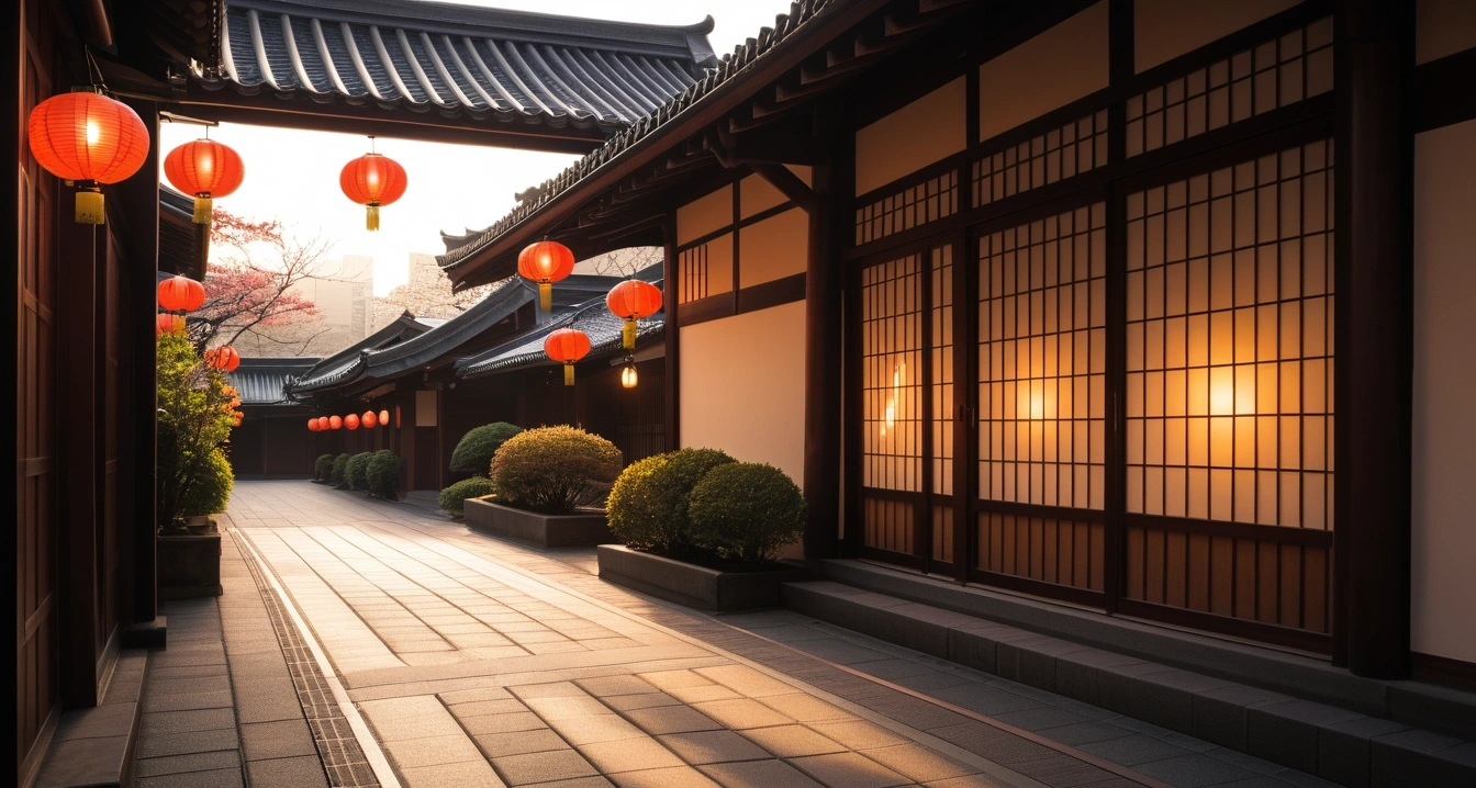 도쿄 돈키호테<br>- 도쿄 돈키호테 오픈런 대기 동선과 매장 이용 가이드 (a serene traditional tokyo don quixote architecture courtyard at dawn, glowing lanterns, beautiful peaceful atmosphere, no people)