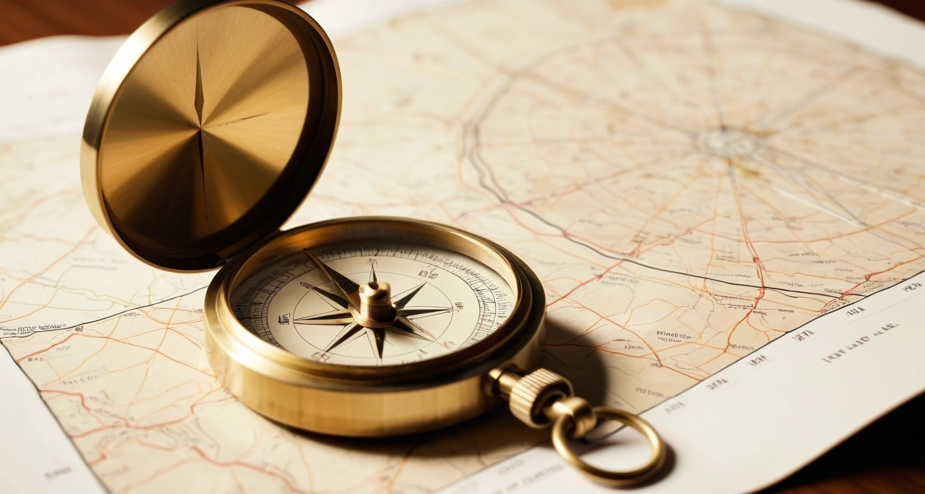 clean vintage brass compass on paper map 1