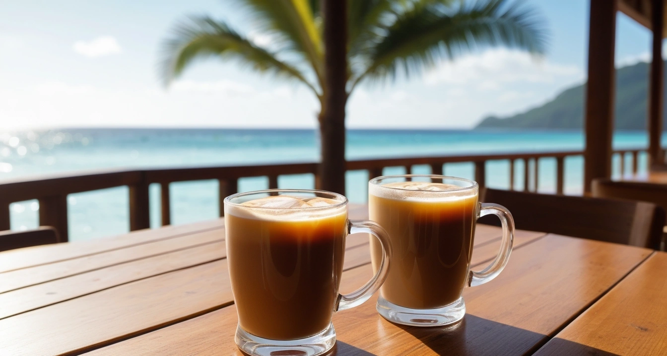 a ceramic mug of iced coffee with milk l 1
