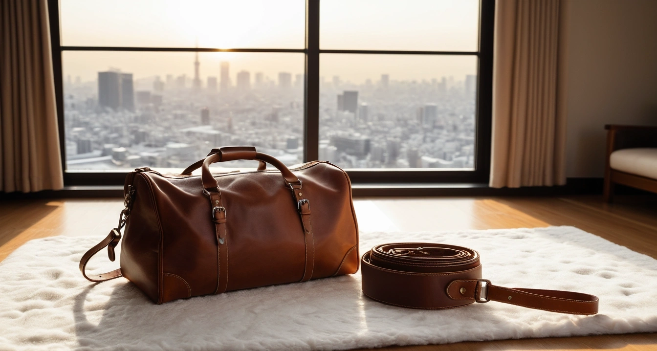 a vintage leather travel bag resting on 1