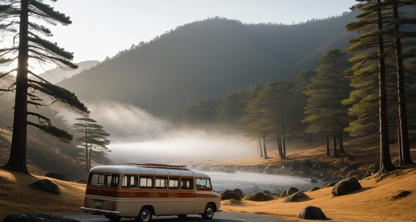 a vintage luxury tour bus driving throug 1