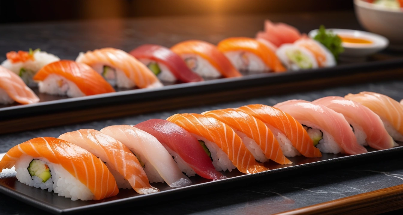 freshly prepared nigiri sushi on a woode 1