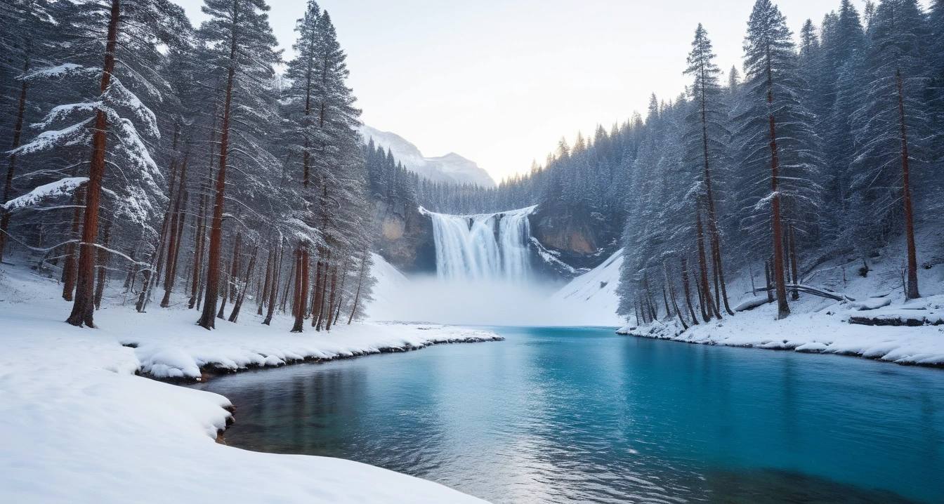 snow covered pine forest frozen waterfal 1